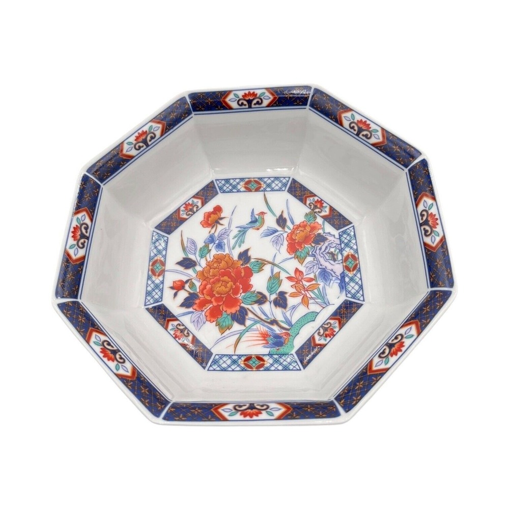 Vtg Kutani Imari Japan Chinoiserie Orange Blue Peony 8-Sided Ceramic Bowl 2.5"H